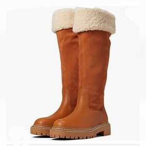 plendid Antonia Cognac Brown Tall‎ Knee High Boots Faux Fur Cuff Lug Sole
